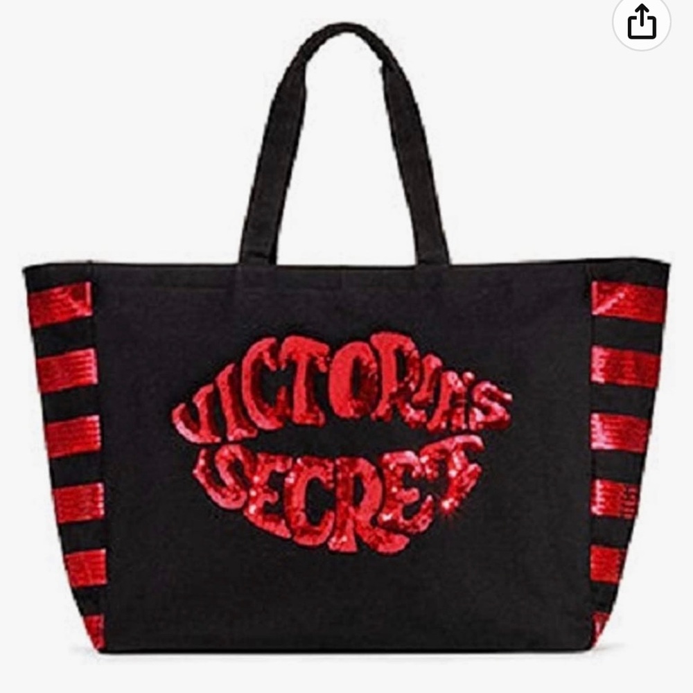 Victoria’s Secret Tote Bag Weekender Black and Red Lips Sequins Kiss Large